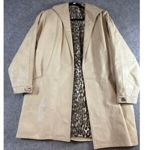 VINTAGE 70s Gean Edwards Leather Coat Mens Large Beige Leopard Lined Jacket